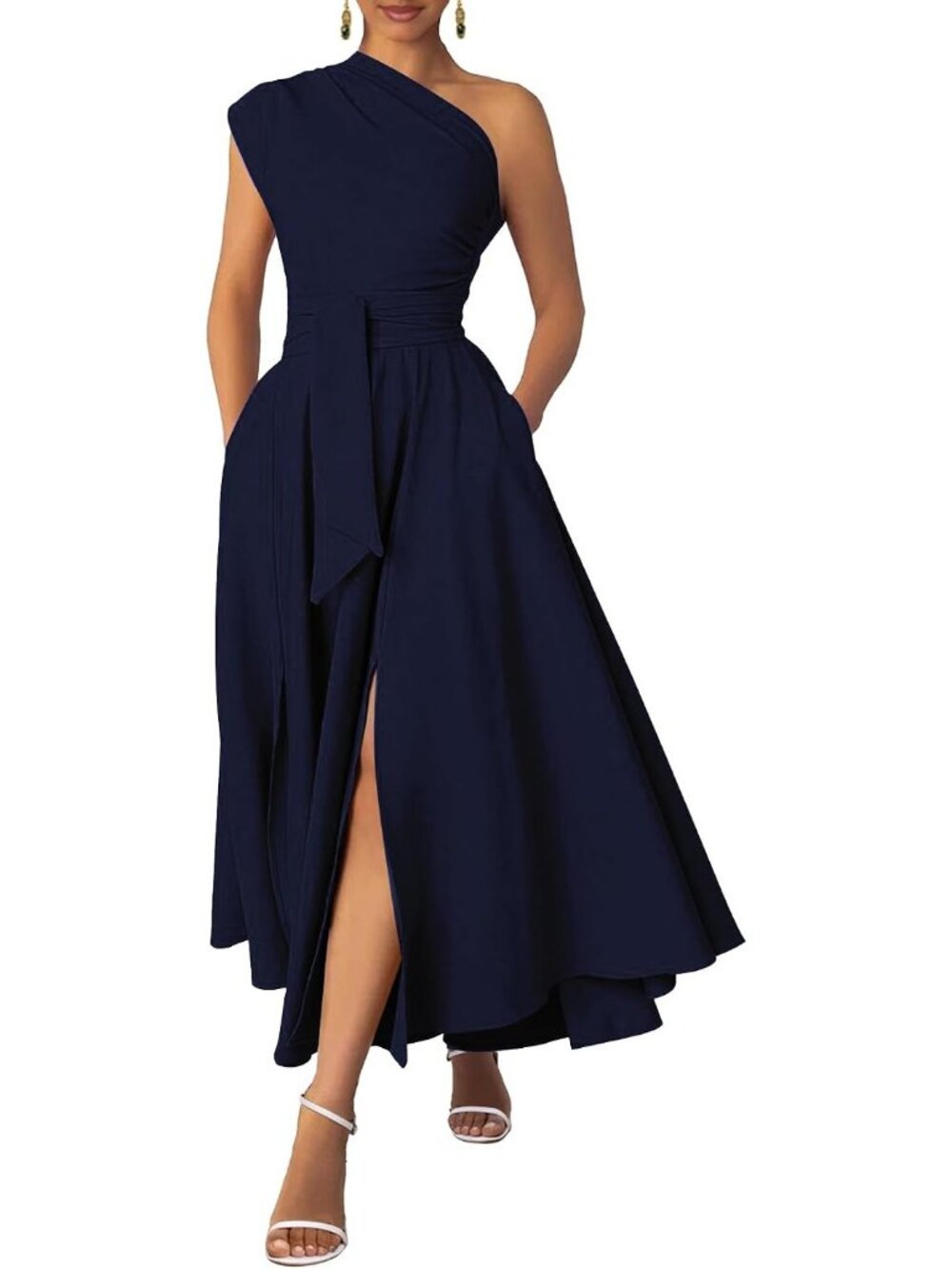 Women's Beige Formal Wedding Flattering A-line One Shoulder Belted Maxi Dress